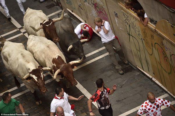 Revelers run with Jose Escolar Gil's fighting bulls as they head towards Estafeta street during the third running of the bulls at the San Fermin Festival, in Pamplona, northern Spain, Saturday, July 9, 2016. Revelers from around the world flock to Pamplona every year to take part in the eight days of the running of the bulls. (AP Photo/Alvaro Barrientos)