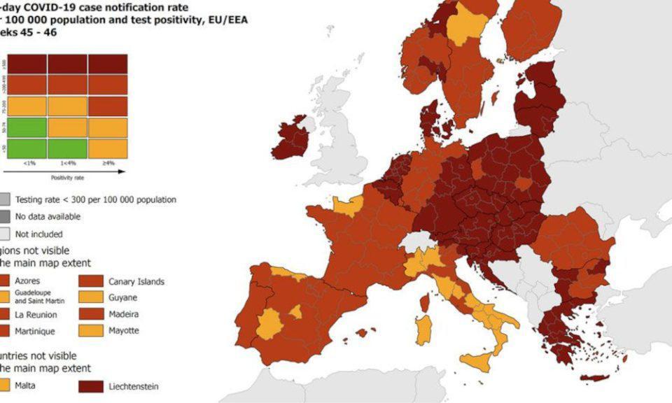 Κορονοϊός – Τρόμος από τον χάρτη του ECDC: Στο κόκκινο και βαθύ κόκκινο πλέον όλη σχεδόν η ΕΕ - Που βρίσκεται η Ελλάδα