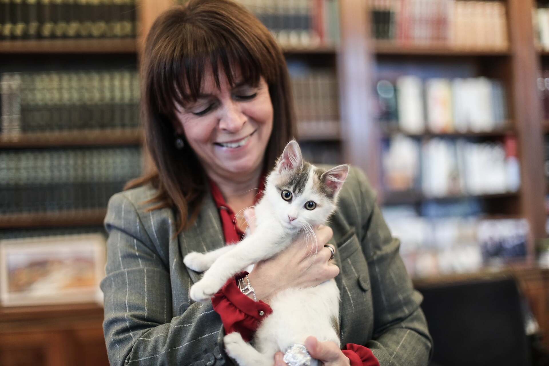 Παγκόσμια Ημέρα Αδέσποτων Ζώων: Η Κατερίνα Σακελλαροπούλου αγκαλιά με την Καλυψώ, τη γάτα του προεδρικού μεγάρου