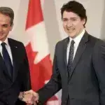 Ο Κυριάκος Μητσοτάκης με τον πρωθυπουργό του Καναδά Τζαστίν Τριντό Γραφείο Τύπου Πρωθυπουργού / Δημήτρης Παπαμήτσος