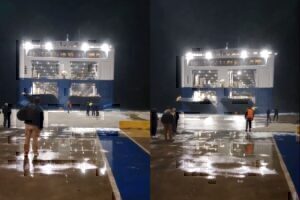 Σαντορίνη: Η τιτάνια προσπάθεια του Blue Star να «δέσει» στο λιμάνι [βίντεο]